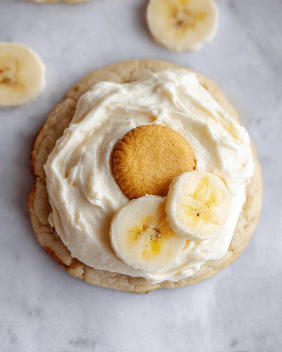 A close-up of a round cookie base with a soft beige color and slightly cracked texture, topped with a thick layer of creamy white frosting that has a smooth yet slightly fluffy texture; in the center of the frosting, there is a whole golden-brown small round cookie placed as a garnish. Around the cookie, there are a few thin banana chips with a light yellow color and slightly browned edges scattered on a white marbled background. photo taken with an iphone --ar 4:5 --v 7