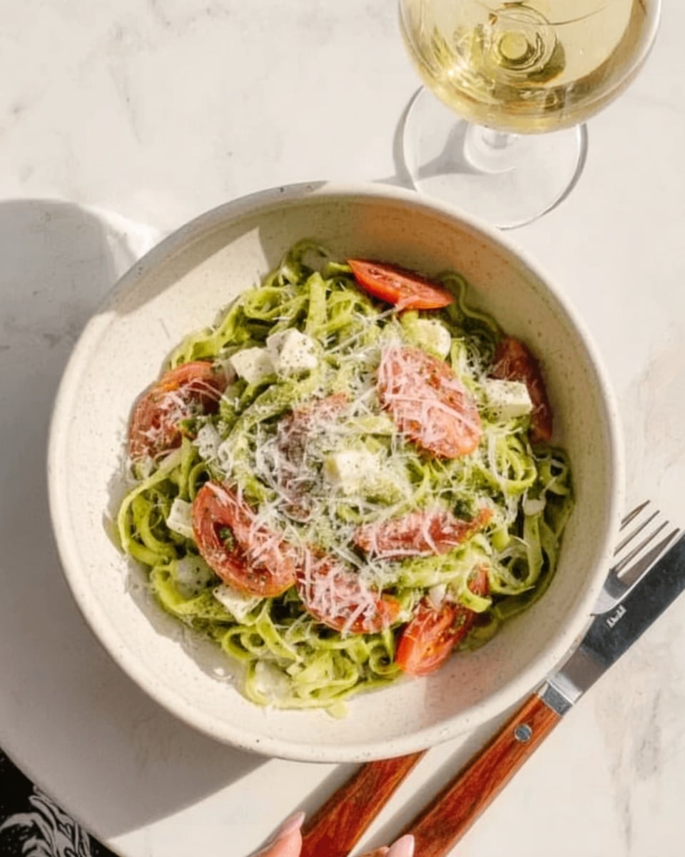 The dish features a shallow white bowl filled with three layers of food. The bottom layer is made of green pasta, slightly twisted, with a smooth texture. On top of the pasta, there are thin slices of red tomatoes and small pieces of white cheese scattered around. The top layer is a light sprinkle of grated cheese that covers the dish unevenly, adding a fine texture. The bowl is placed on a white marbled surface next to a glass of white wine and a knife and fork with wooden handles, and a woman's hand is partially visible holding the fork. Photo taken with an iphone --ar 4:5 --v 7