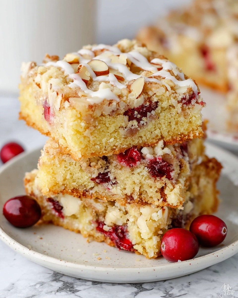 The image shows three stacked pieces of a crumbly cake on a white plate, placed on a white marbled surface. Each piece has two main layers: a dense, pale yellow cake base mixed with red cranberries and a top crumb layer sprinkled with sliced almonds. The crumb layer looks golden and textured, with a drizzle of white icing spread unevenly over the top. Two whole cranberries rest on the plate near the bottom piece, adding a pop of color to the scene. Photo taken with an iphone --ar 4:5 --v 7