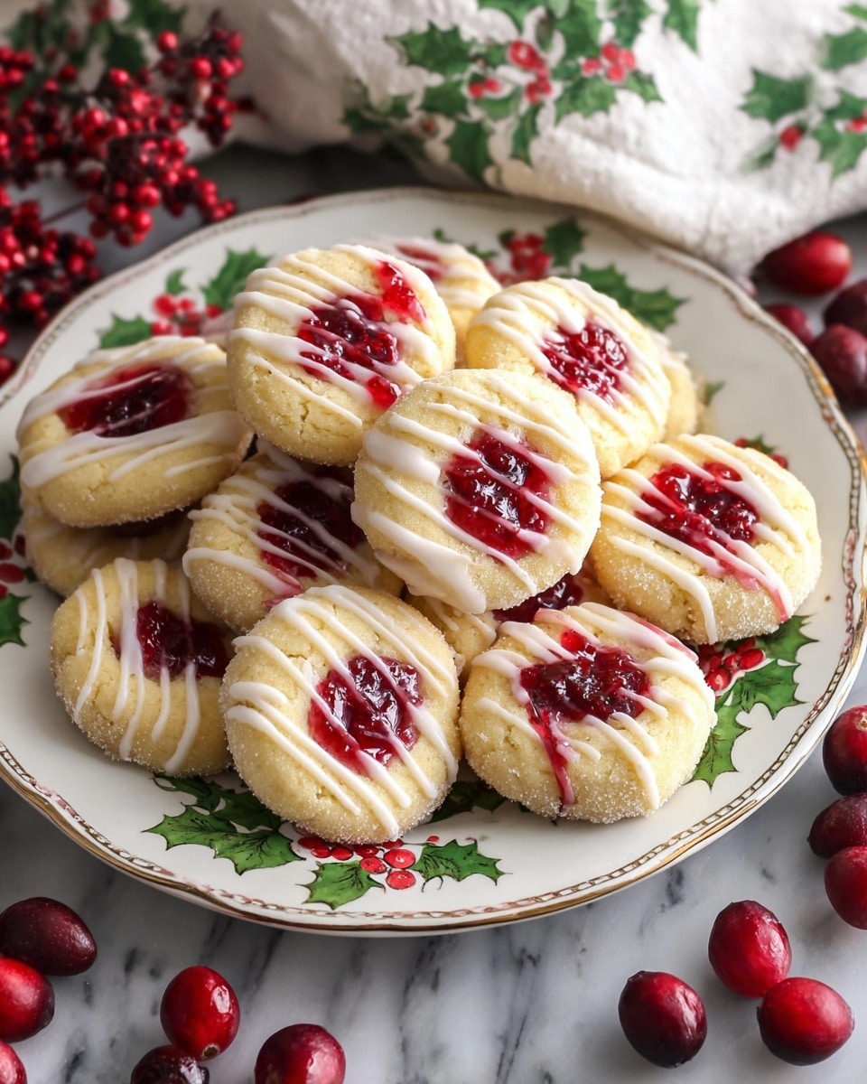 The image shows a pile of small round cookies placed on a white plate decorated with green holly leaves and red berries. Each cookie has a light golden color and sugar-coated edges, with a center filled with bright red cranberry jam. The cookies are drizzled with thin white icing in diagonal lines. Around the plate and on a white marbled surface, there are scattered fresh cranberries. Behind the plate, a white cloth with a green holly leaf and red berry pattern is partially visible, adding a festive touch. photo taken with an iphone --ar 4:5 --v 7