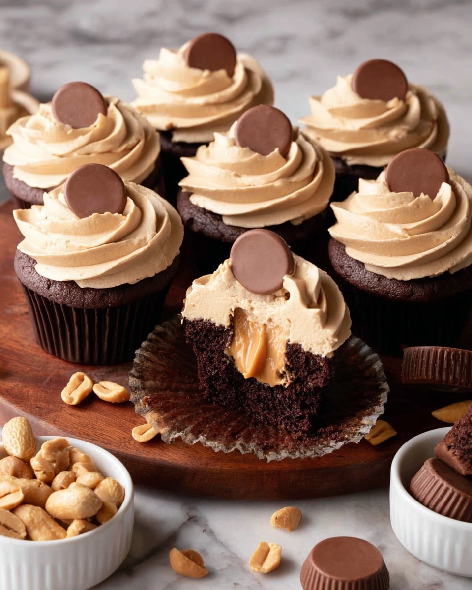 A group of six chocolate cupcakes sits on a round wooden board, each cupcake with two main layers; the bottom layer is a rich, dark brown chocolate cake, and the top is a smooth, light brown creamy frosting swirled high with soft peaks. Each cupcake is topped with a small round chocolate candy placed near the edge of the frosting. One cupcake in the center has its dark brown wrapper peeled back and a bite taken out, revealing a creamy peanut butter center inside the chocolate cake layer. Surrounding the board are scattered whole peanuts and mini chocolate peanut butter cups, with two white bowls filled with the same candies and peanuts placed at the bottom edges of the image. The background is a white marbled texture. photo taken with an iphone --ar 4:5 --v 7