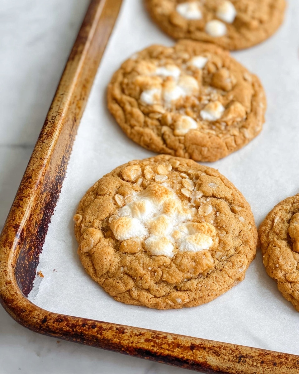 The image shows three soft, round cookies on a baking tray covered with white parchment paper. Each cookie has a golden-brown color with a slightly crinkled texture, and visible white marshmallow pieces melted into the top layer. The cookies have a chewy look with small clusters of oats or similar grain mixed in. The baking tray has a worn, rusty edge, creating a contrast with the clean white parchment paper beneath the cookies. The setting is on a white marbled surface. photo taken with an iphone --ar 4:5 --v 7