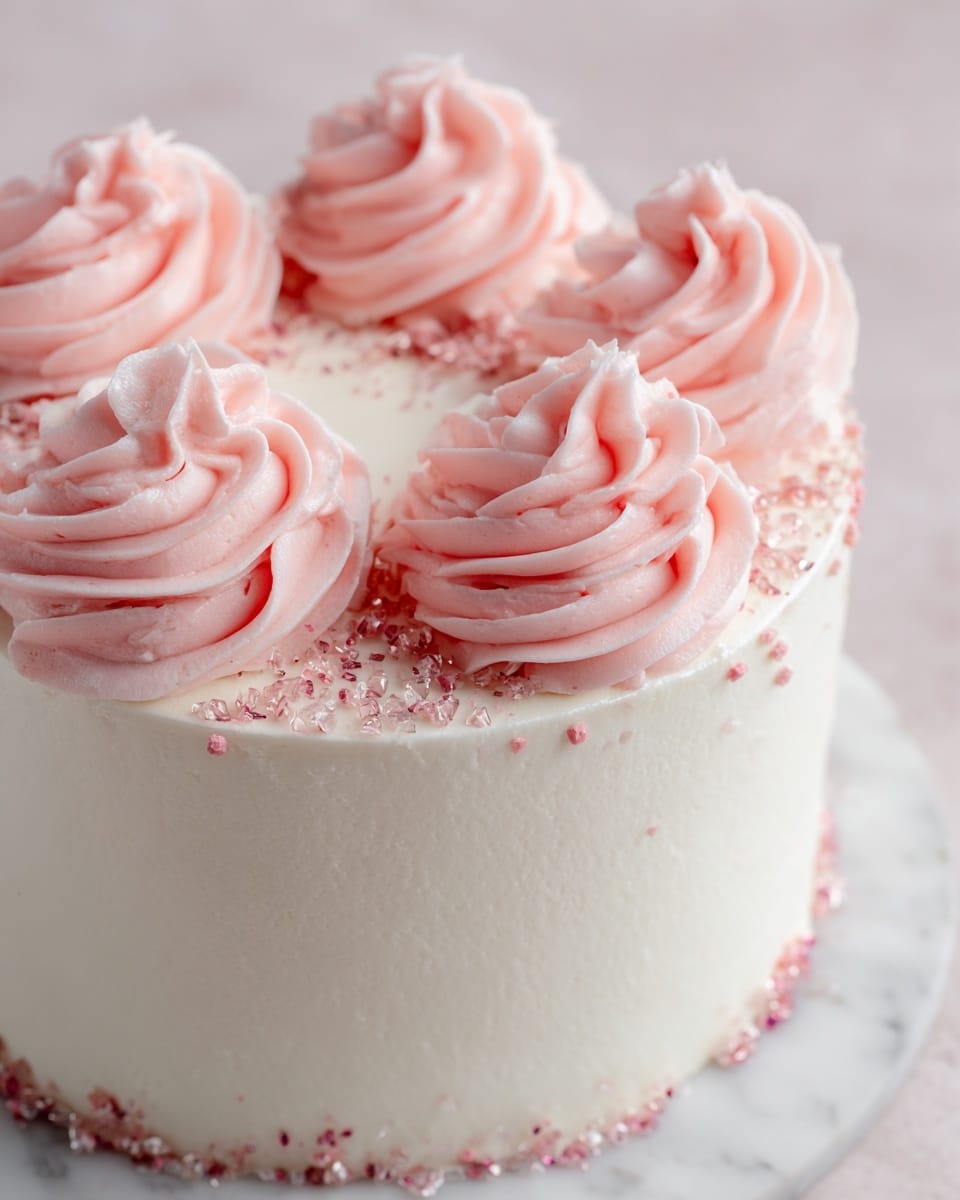 A round white cake with a smooth white frosting base is topped with four large swirls of pink frosting evenly spaced on top. Each pink swirl has a soft, creamy texture with fine ridges, and a slight peak in the center. Around the edges of the cake and spilling slightly onto the white marbled surface, there are shimmering sugar crystals adding a touch of sparkle and contrast. The overall look is clean and delicate with a soft color palette. photo taken with an iphone --ar 4:5 --v 7