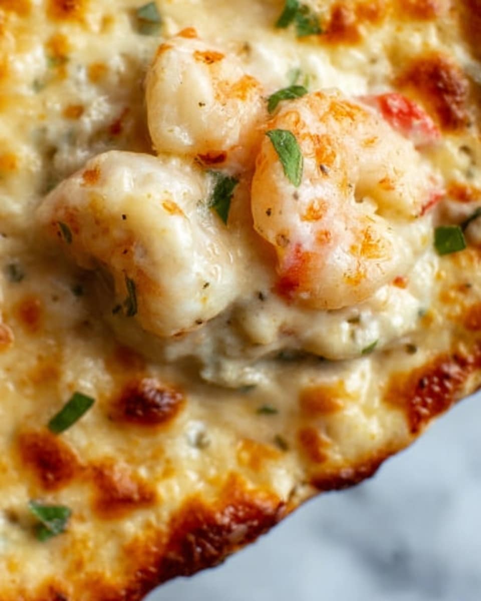 A close-up view of a creamy baked dish showing a golden, bubbly cheese layer on top with a slightly browned texture, mixed with pieces of shrimp that are white with light pink edges. There are small green herbs sprinkled on the surface, adding a fresh color contrast. The dish appears thick and cheesy, with a smooth texture underneath the cheese. The background is a white marbled texture. Photo taken with an iphone --ar 4:5 --v 7
