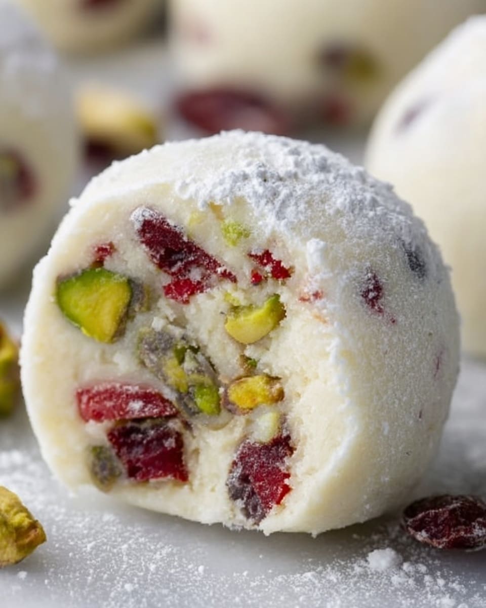 The image shows a close-up of a white, round sweet ball with a soft and slightly crumbly texture. The outer layer is smooth and coated lightly with white powder. Inside, the sweet is filled with colorful bits: bright red pieces of dried fruit, green pistachio nuts, and small dark seeds or nuts, all mixed into a creamy white dough. The sweet rests on a white marbled surface with a soft focus on more similar sweets in the background. Photo taken with an iphone --ar 4:5 --v 7