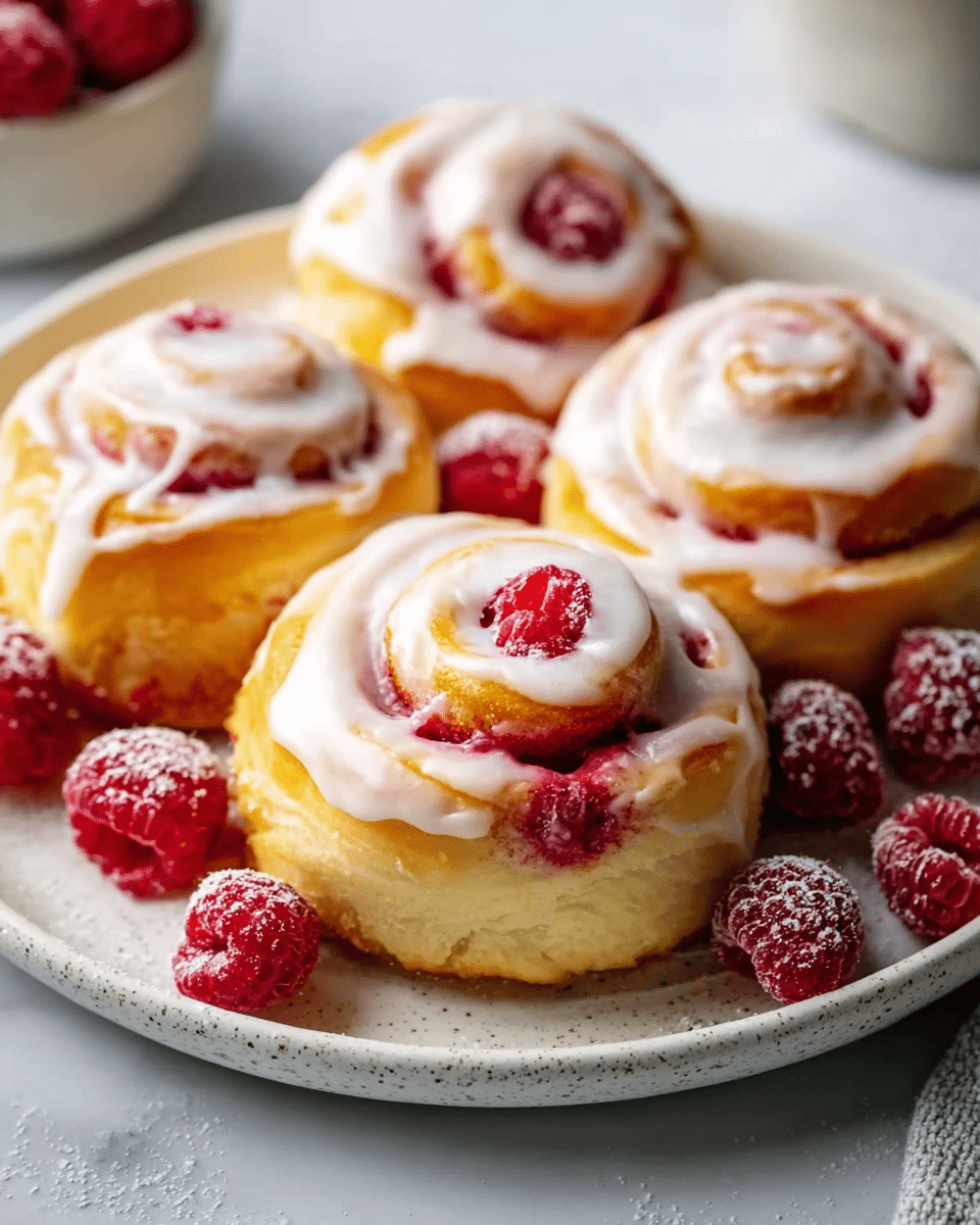 Four golden-brown cinnamon rolls sit on a white plate with a light speckled texture, each roll topped with thick white icing that glistens softly. The rolls have a soft, layered look with visible spirals of dough that hold a bright red raspberry in the center, along with bits of raspberry baked inside the swirls. Around the plate, several fresh raspberries dusted lightly with powdered sugar add a vibrant red contrast. The white marbled background adds a clean and fresh feel to the setting. Photo taken with an iphone --ar 4:5 --v 7