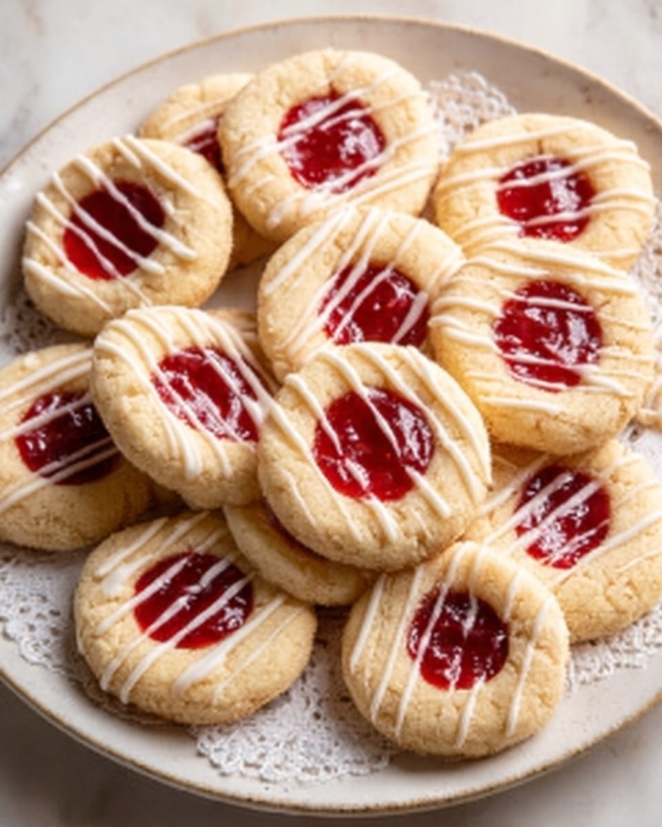 The image shows a white round plate filled with a single layer of small round cookies, each with a light golden color. Each cookie has a circular red jam center that is smooth and shiny, surrounded by a soft, crumbly cookie border. Thin white icing lines are drizzled across the top of all the cookies, adding a delicate pattern. The plate sits on a white marbled surface. Photo taken with an iphone --ar 4:5 --v 7
