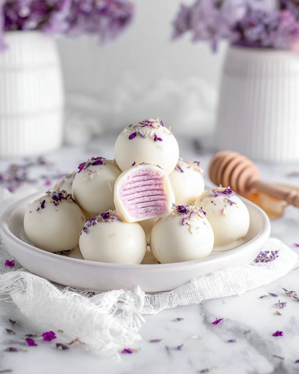 A white plate with a stack of smooth, round white chocolate-covered balls, each topped with small purple flower petals; one ball is bitten revealing a pink, textured inside with vertical lines; the plate sits on a white marbled surface with a piece of white cheesecloth underneath, and there are some purple flowers scattered around; in the background, a wooden honey dipper and a white ribbed container are softly visible, along with blurred purple flowers, photo taken with an iphone --ar 4:5 --v 7