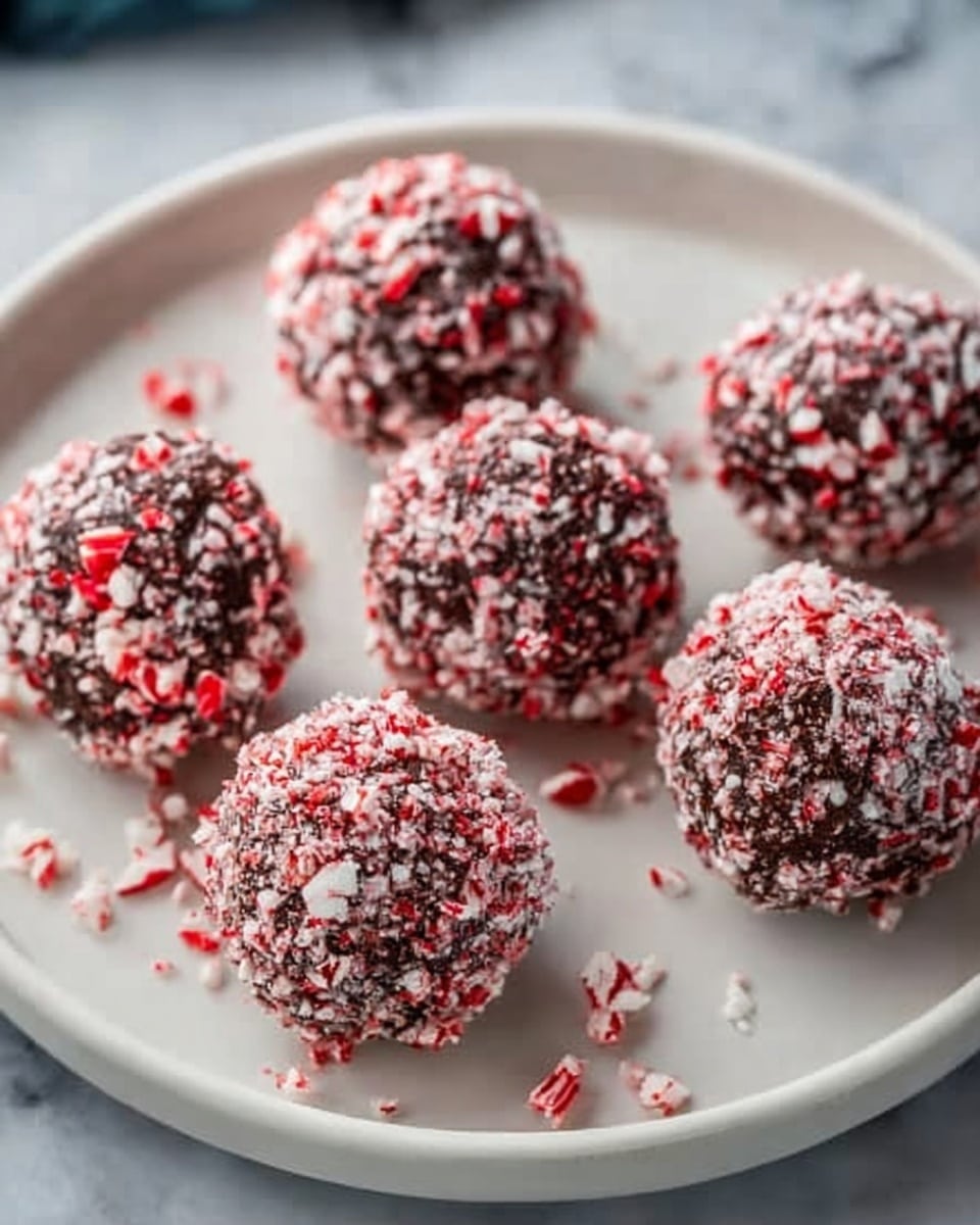 The image shows six round chocolate truffles placed on a white plate. Each truffle is coated with crushed red and white peppermint candy, giving them a rough texture with a mix of bright red, white, and dark brown colors. The plate is on a white marbled surface, and some small pieces of peppermint candy are scattered around the plate. The lighting highlights the shiny peppermint bits and the rich chocolate underneath. photo taken with an iphone --ar 4:5 --v 7