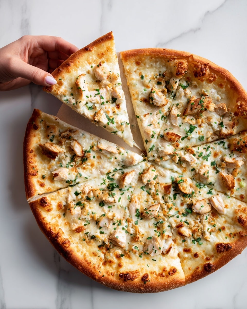 A round pizza with a golden-brown crust sits on a white plate, topped with melted white cheese and scattered light brown mushroom slices. Bits of green herbs are spread evenly across the cheese, adding small pops of color. The texture of the cheese looks gooey and soft, blending gently with the mushrooms, and the white marble surface beneath adds a clean, bright contrast. photo taken with an iphone --ar 4:5 --v 7
