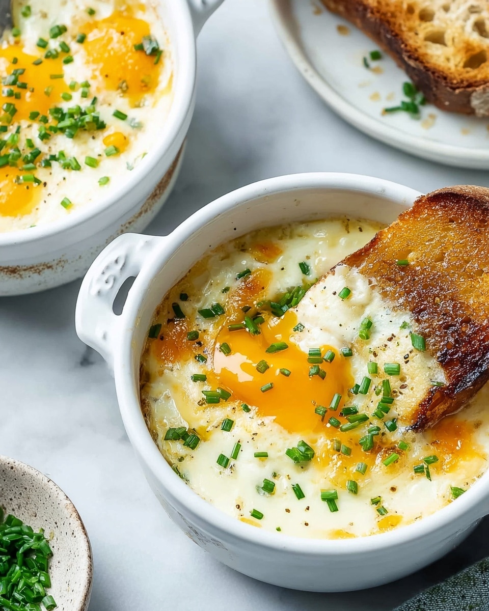 The image shows a white ceramic bowl filled with a creamy, baked egg dish. The dish has a smooth, pale yellow and white texture with bits of melted cheese and slightly browned spots on top. Bright orange yolks peek through the surface, adding color contrast. The dish is sprinkled with small, fresh green chopped chives evenly spread over the top. A piece of toasted bread, golden brown with a crispy crust and soft inside, is dipped into the dish, lifting some of the orange yolk and chives. The bowl rests on a white marbled surface with another bowl partially visible in the background and some extra chopped chives on a white plate. Photo taken with an iphone --ar 4:5 --v 7