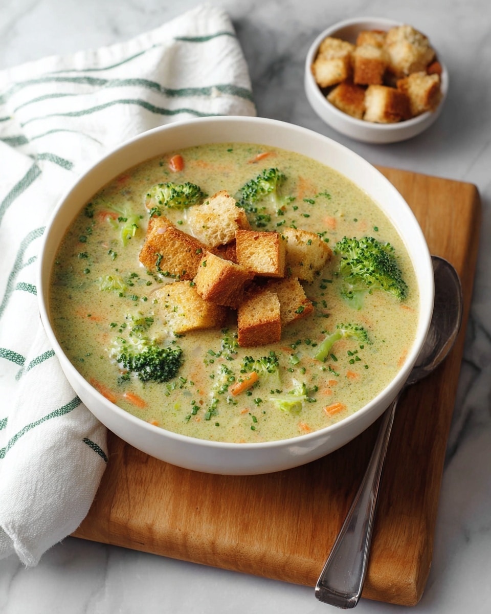 A white bowl filled with a thick, creamy broccoli soup that has visible pieces of bright green broccoli florets and small orange carrot strips mixed throughout. On top, there is a neat pile of golden-brown croutons sprinkled with small green herb bits. The bowl is placed on a wooden board, set against a white marbled surface with a white cloth featuring green stripes slightly to the side. Nearby, there is a small bowl of extra croutons and a shiny spoon. photo taken with an iphone --ar 4:5 --v 7