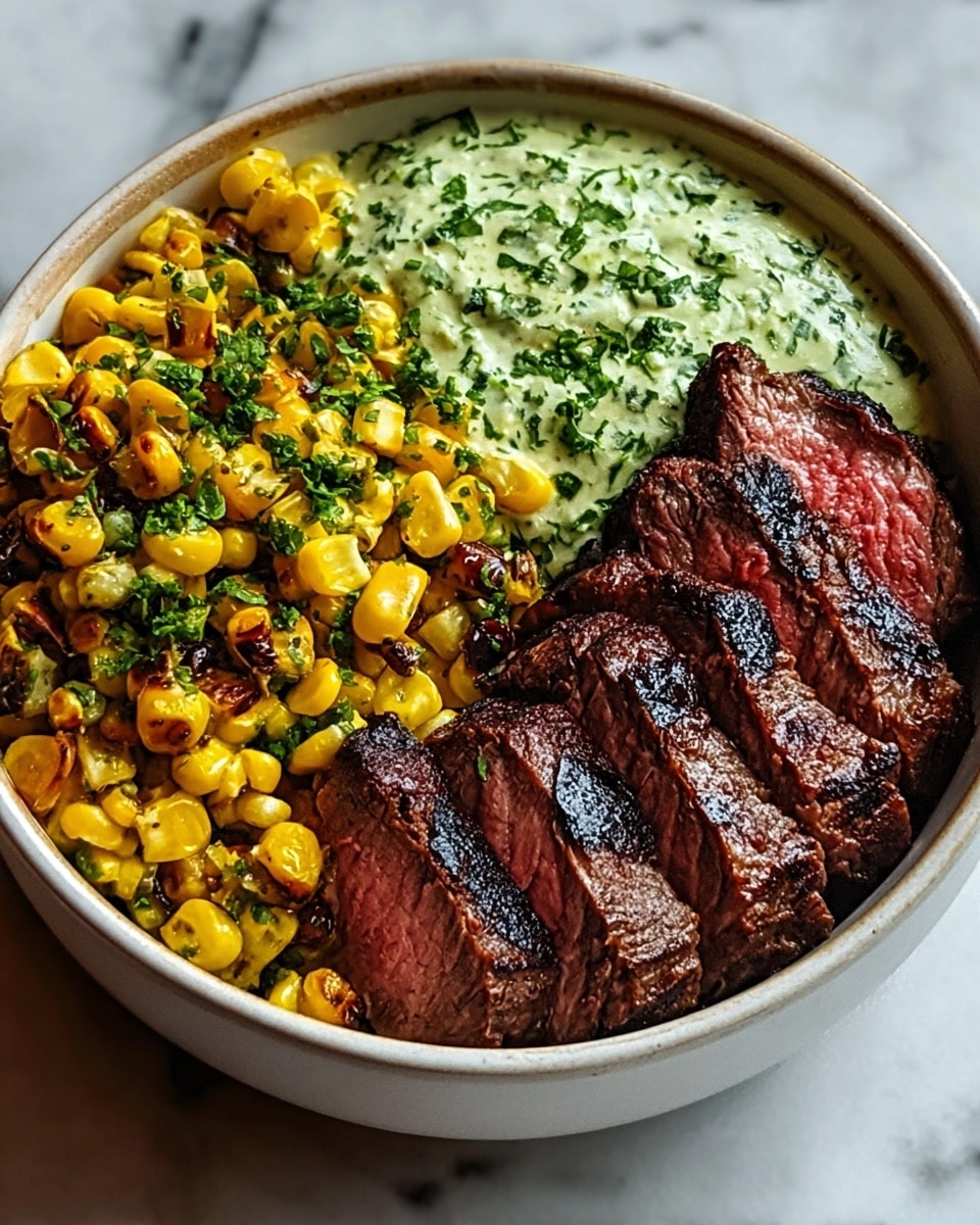 A white bowl filled with three main layers: the bottom layer is sliced steak cooked medium rare with a charred brown outside and pink inside, arranged in a row at the front of the bowl; on the left side is a layer of bright yellow roasted corn kernels with slight charring and bits of green herbs sprinkled on top; on the right side rests a creamy green sauce mixed with finely chopped herbs, giving it a textured and thick appearance. The bowl is set against a white marbled surface. Photo taken with an iphone --ar 4:5 --v 7