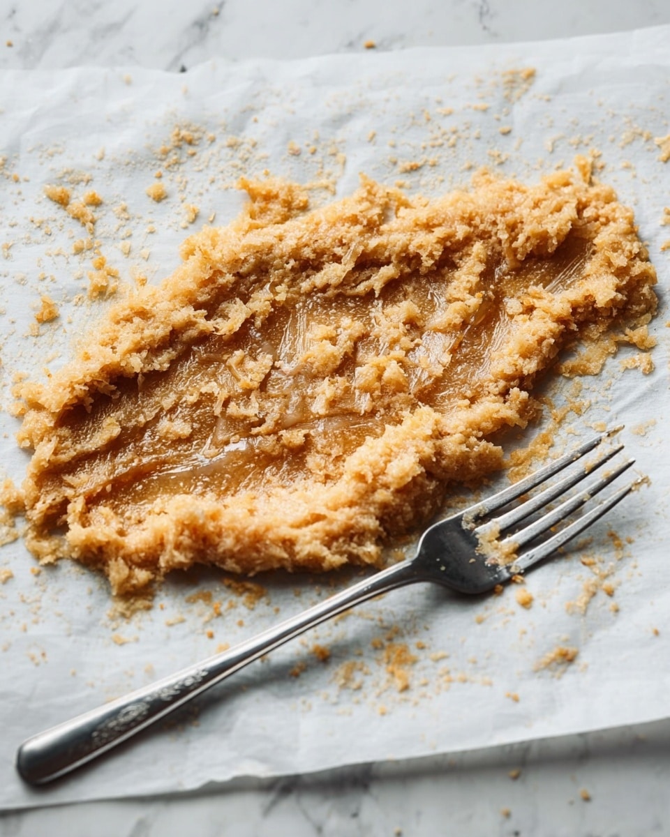The image shows a flat, golden-brown layer of cooked mixture with a slightly uneven and textured surface, spread thinly on white parchment paper. The texture appears soft and moist with small bits visible throughout, giving it a chunky look. A silver fork rests to the right of the mixture on the parchment paper. The background is a white marbled texture. photo taken with an iphone --ar 4:5 --v 7