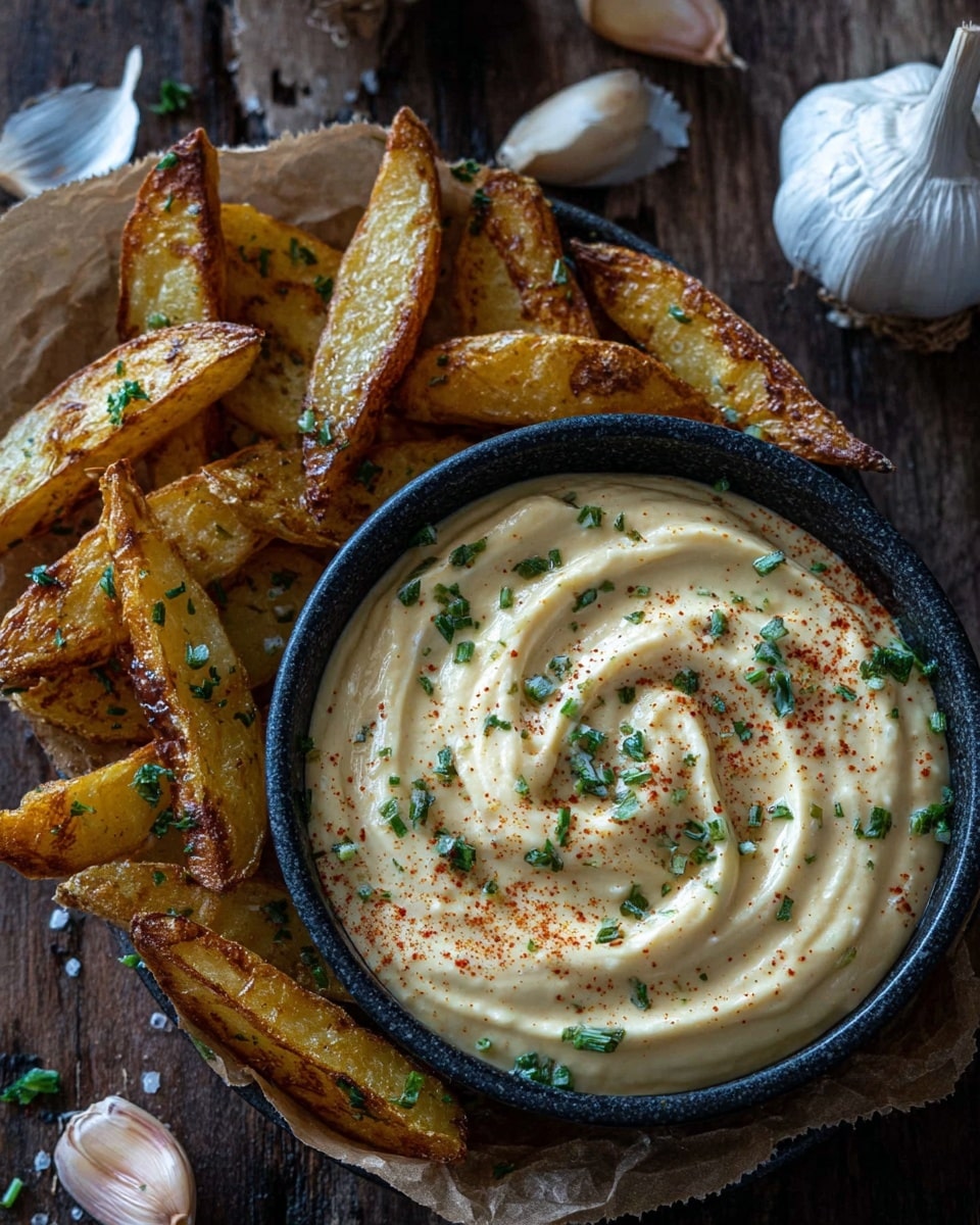 The image shows a black bowl filled with creamy, pale yellow garlic aioli that has a smooth, swirled texture. The aioli is sprinkled with small green herb pieces and a dusting of reddish paprika, adding color contrast. Around the bowl, thick, golden-brown roasted potato wedges with crispy edges are arranged on a piece of brown parchment paper. Whole garlic bulbs and peeled garlic cloves lie nearby on a dark wooden surface. The overall setting creates a rustic and cozy feel. Photo taken with an iphone --ar 4:5 --v 7