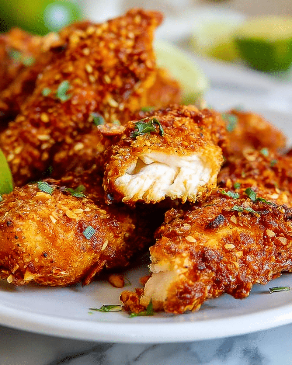 The image shows a close-up of crispy, golden-brown fried chicken pieces coated with a crunchy nutty layer, with one piece in front having a bite taken out, revealing the white tender inside. The chicken pieces are sprinkled with small green herb leaves on top. They are placed on a white plate, resting on a white marbled surface. In the blurred background, there are hints of light green lime wedges. photo taken with an iphone --ar 4:5 --v 7