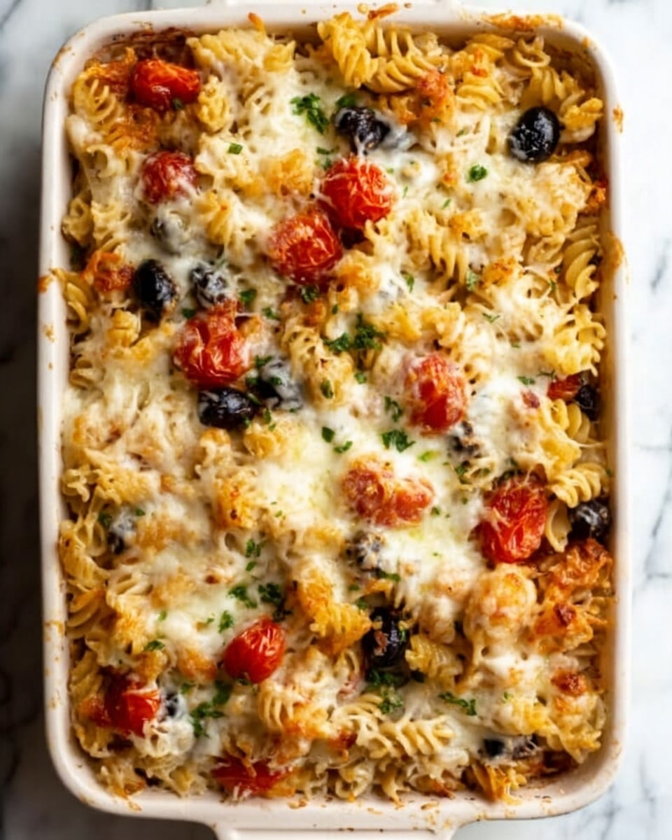 A white rectangular dish filled with layered baked pasta. The bottom layer consists of golden baked rotini pasta mixed with melted white cheese. On top, there are scattered pieces of cooked red cherry tomatoes, black olives, and green herbs. The cheese is bubbly and slightly browned in spots, covering parts of the colorful pasta and vegetables. The dish has a textured, inviting look with a mix of creamy white, red, black, and green colors. The background is a white marbled surface. Photo taken with an iphone --ar 4:5 --v 7