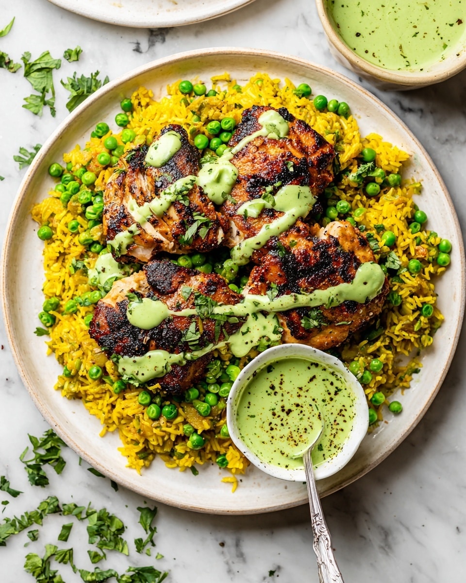 The dish is served on a large white plate with a base layer of yellow rice mixed with bright green peas scattered throughout. On top of the rice, there are three pieces of grilled chicken thighs with dark char marks, each coated with a light drizzle of creamy green sauce. Small chopped green herbs are sprinkled over the dish, adding a fresh touch. To the side on the plate is a small white bowl filled with the same green sauce, garnished with a few specks of black pepper. A silver spoon rests on the plate over the yellow rice near the bottom left, and some scattered green herb leaves lie around the plate on a white marbled surface. photo taken with an iphone --ar 4:5 --v 7