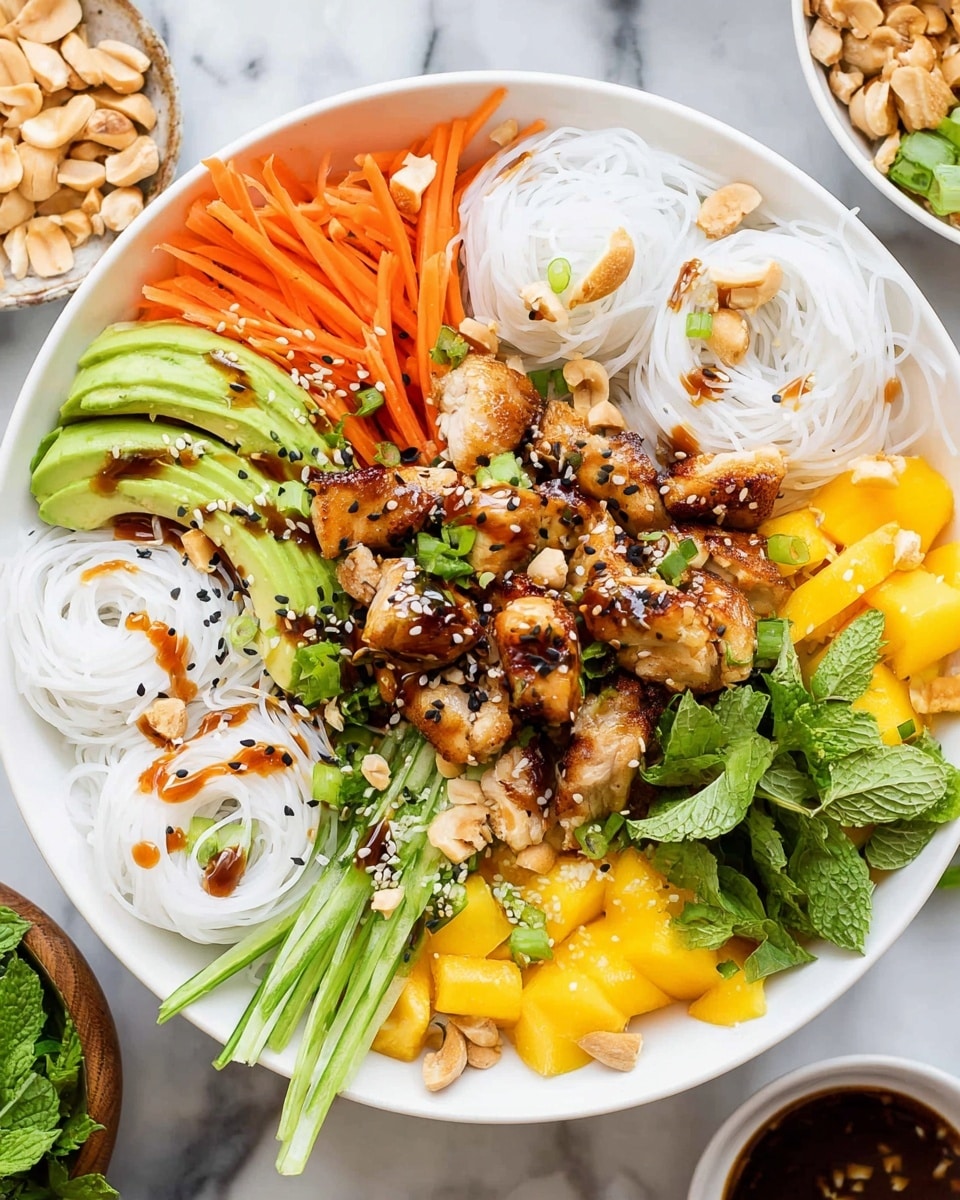 A white bowl filled with several colorful layers arranged neatly: at the bottom, white rice noodles coiled in soft nests are topped with chopped grilled chicken pieces glazed in a light brown sauce, sprinkled with crushed peanuts and black sesame seeds. Surrounding the center are sections of sliced green avocado drizzled with dark soy sauce and cracked black pepper, bright orange julienned carrots, yellow mango cubes, fresh green scallion diagonals, and sprigs of bright green mint and cilantro leaves resting on top. The bowl sits on a white marbled surface with small bowls of chopped peanuts and carrots in the background. Photo taken with an iphone --ar 4:5 --v 7