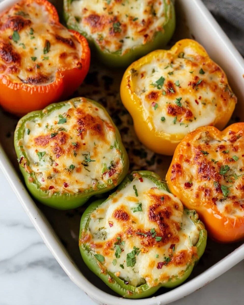 The image shows a white baking dish filled with six stuffed bell peppers in three colors: green, orange, and yellow. Each pepper is halved horizontally, with a smooth bottom layer of the pepper’s flesh, filled with a creamy white mixture that is topped with a layer of melted cheese. The cheese is golden brown and bubbly with some darker spots, sprinkled with small green herbs and red chili flakes. The dish rests on a white marbled surface, adding clean contrast. photo taken with an iphone --ar 4:5 --v 7
