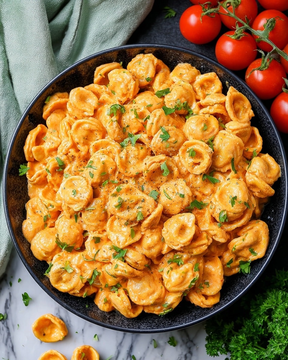 The image shows a round black bowl filled with a single layer of creamy, orange-colored orecchiette pasta coated in sauce. The sauce has a smooth texture with some small pieces, and the pasta is sprinkled with fresh, chopped green parsley. The bowl sits on a white marbled surface with a bunch of red tomatoes on the vine to the upper right and a light green cloth positioned to the upper left. A few loose pieces of pasta and parsley leaves are scattered near the bowl. Photo taken with an iphone --ar 4:5 --v 7