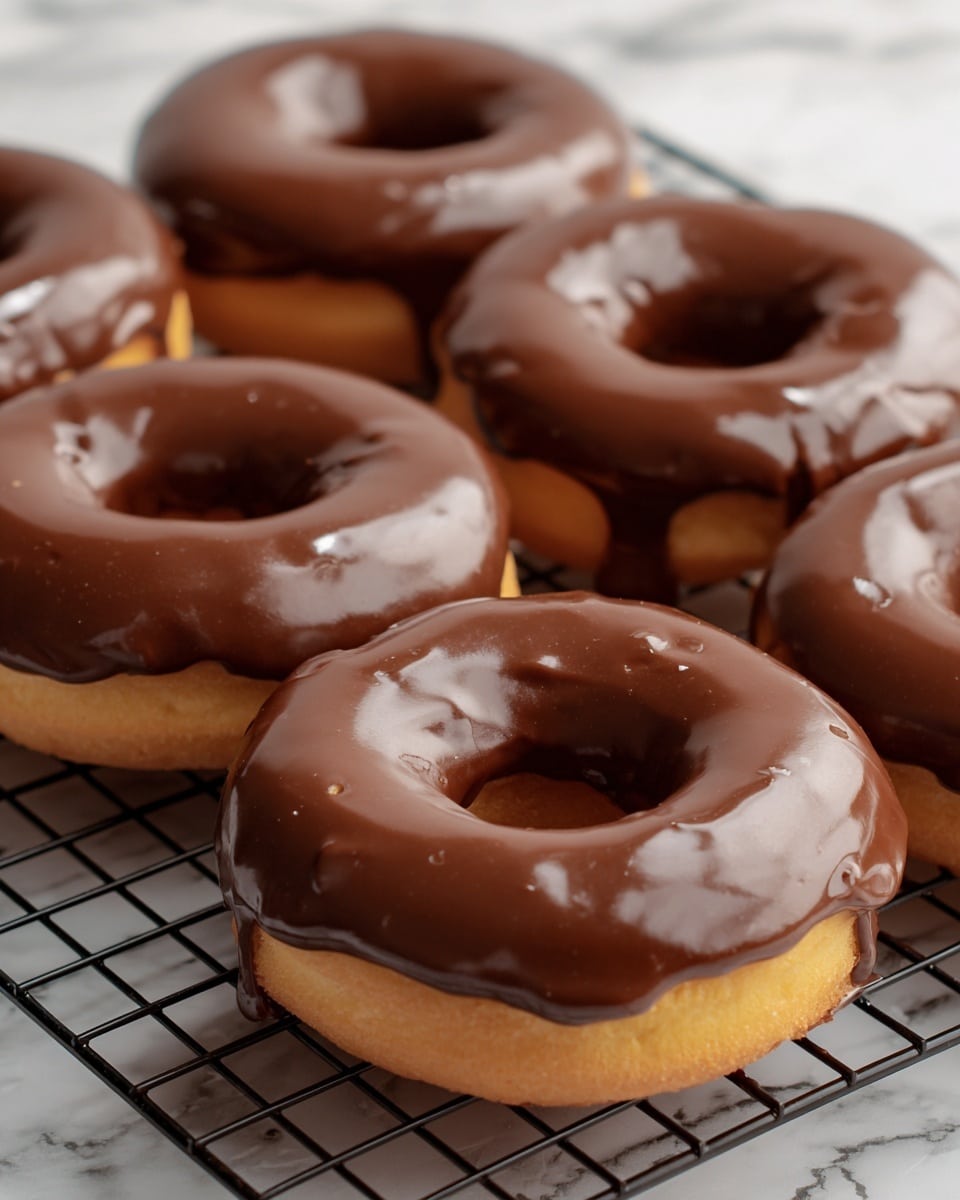 The image shows five donuts arranged closely together on a black wire cooling rack placed over a white marbled surface. Each donut has a light golden-brown base with a smooth, shiny layer of thick chocolate glaze covering the top half, slightly dripping over the edges in some spots. The glaze has a rich, glossy texture with a few small air bubbles and subtle reflections from the light. The donuts look soft and fresh with a round hole in the center. Photo taken with an iphone --ar 4:5 --v 7