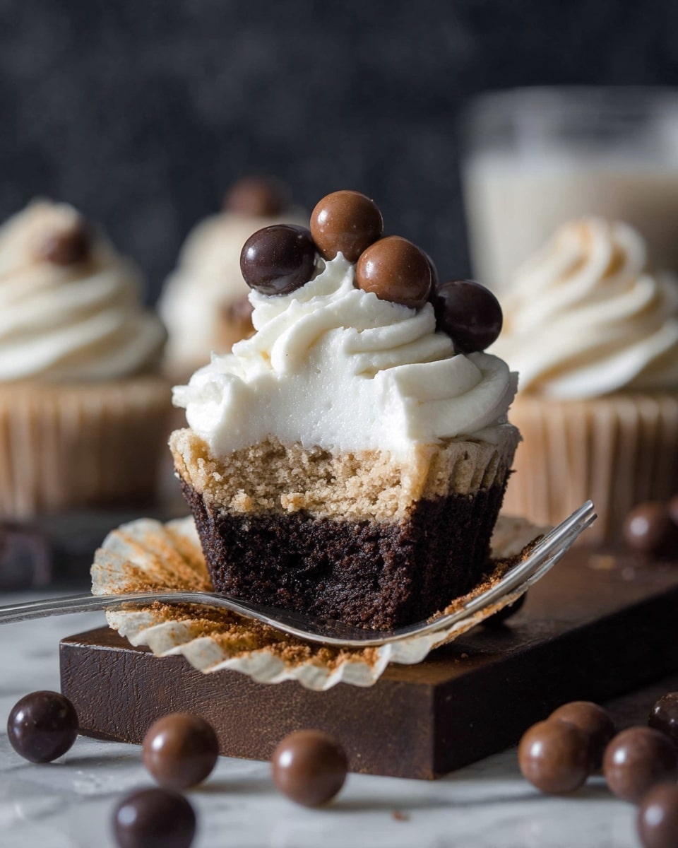 A close-up shot of a cupcake with three distinct layers: the bottom is dark brown and dense, the middle is light brown and crumbly, and the top features thick white cream swirled in three soft peaks. On top of the cream, there are small round chocolates in shades of dark and medium brown. The cupcake liner is peeled down partially, revealing the layered texture, and a silver fork rests gently against it. The cupcake sits on a dark wooden block with scattered milk and dark brown chocolate balls around it, all set on a white marbled surface with a blurred dark background. Photo taken with an iphone --ar 4:5 --v 7