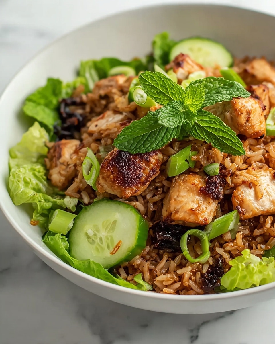 A white bowl filled with a layer of brown fried rice mixed with small dark caramelized pieces at the bottom, topped with light green lettuce leaves and thin bright green cucumber slices scattered on top. On the rice and greens, there are chunks of golden-brown cooked chicken with a slightly crispy texture. Small rings of green onion and fresh mint leaves add a touch of fresh green on top. The bowl sits on a white marbled surface. Photo taken with an iphone --ar 4:5 --v 7
