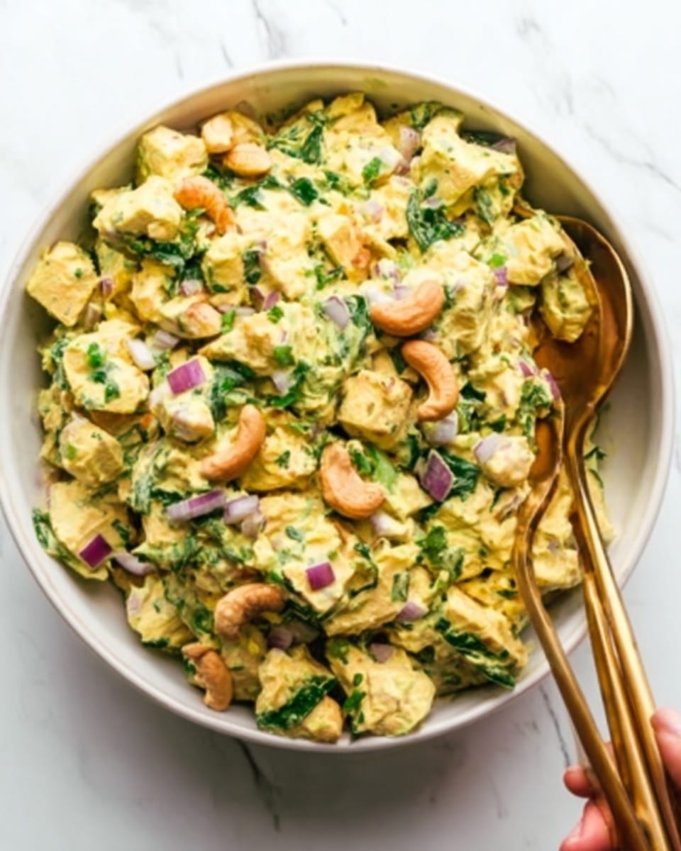 The image shows a white bowl filled with a creamy yellow egg salad mixed with pieces of green spinach and small chunks of white tofu. There are also chopped red onions scattered throughout, adding a touch of purple, and cashew nuts on top for extra texture. Two gold-colored spoons rest inside the bowl, with a woman's hand holding one of the spoons, as if ready to serve. The bowl is placed on a white marbled surface that gives a clean and bright background. Photo taken with an iphone --ar 4:5 --v 7