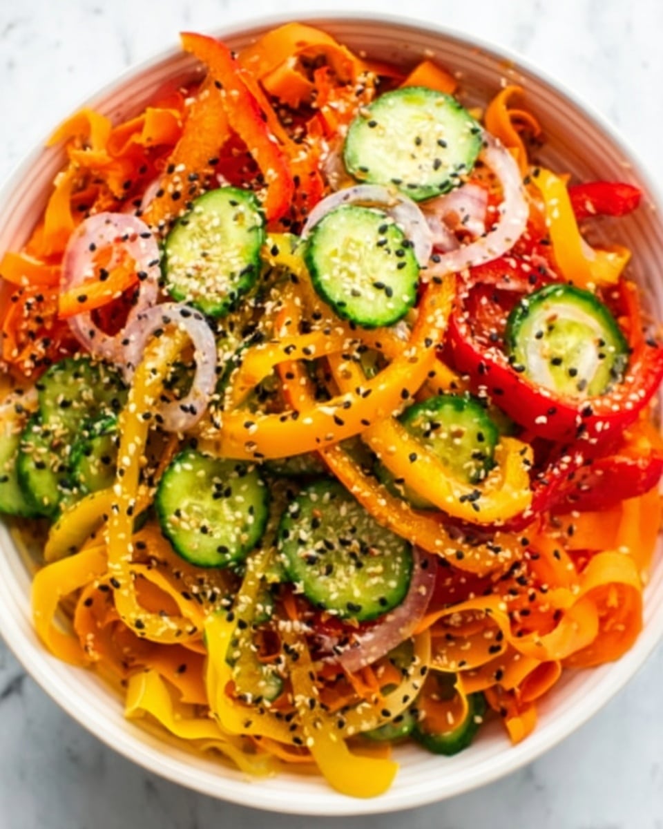 A white bowl filled with a colorful salad made of several layers: the bottom layer has thinly sliced ribbons of orange and yellow carrots, next mixed with bright red and yellow bell pepper strips, and topped with round slices of green cucumber and thin rings of white onion. The salad is sprinkled with black and white sesame seeds, adding texture and contrast. The bowl sits on a white marbled surface. photo taken with an iphone --ar 4:5 --v 7