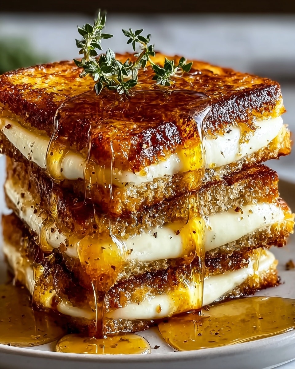 The image shows a close-up of a stack of three grilled cheese sandwiches, each with two layers of golden-brown, crispy toasted bread and thick, melted white cheese in between. Rich honey syrup is dripped over the stack, glistening as it flows down the sides. On top of the stack, there is a small sprig of fresh green thyme, adding a touch of color. The sandwiches are placed on a white plate, set on a white marbled surface. The textures of the crunchy bread, smooth melted cheese, and sticky honey are all clearly visible. Photo taken with an iphone --ar 4:5 --v 7