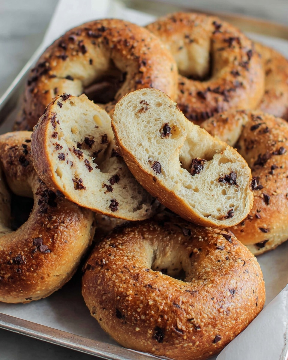 A group of golden brown bagels with a rough, crispy crust and small dark chocolate chips scattered throughout each one is arranged on a white marbled surface. One bagel is cut in half and placed on top of the others, revealing a light tan, fluffy inside with dark chocolate pieces embedded inside. The bagels have a slightly uneven shape and a textured surface with tiny grains of cornmeal sprinkled on top. All are resting on a white sheet within a silver tray, creating a warm and inviting appearance. photo taken with an iphone --ar 4:5 --v 7