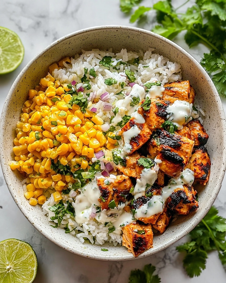 A white speckled bowl holds a layered dish starting with a base of white fluffy rice. On one side, bright yellow cooked corn kernels are neatly piled. On top of the rice and corn, there are pieces of grilled chicken with a charred, golden-brown surface. The chicken is drizzled with a white creamy sauce mixed with small green herbs and bits of purple onion. Fresh green cilantro leaves are scattered over the entire dish. The bowl is set on a white marbled surface with some cilantro leaves and a halved lime nearby. Photo taken with an iphone --ar 4:5 --v 7