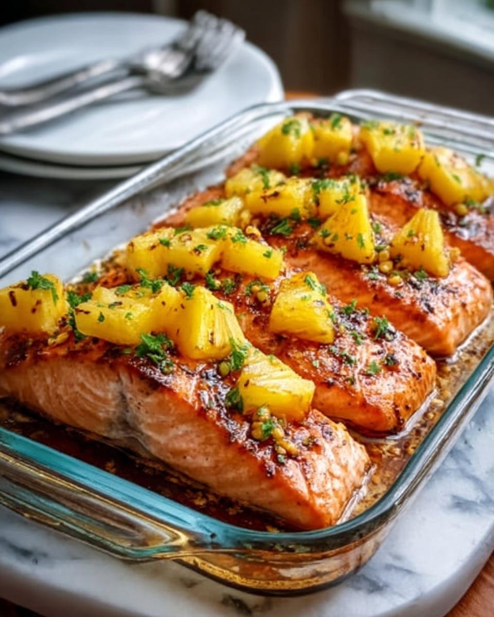 The image shows a glass baking dish with cooked salmon fillets that have a golden brown color and slightly crispy edges. On top of the fillets, there are chunks of bright yellow pineapple, some pieces appearing caramelized. The pineapple is sprinkled with small bits of green herbs and possibly black pepper or seeds. The dish sits on a white marbled surface, and in the background, there is a white plate with cutlery partly visible. photo taken with an iphone --ar 4:5 --v 7