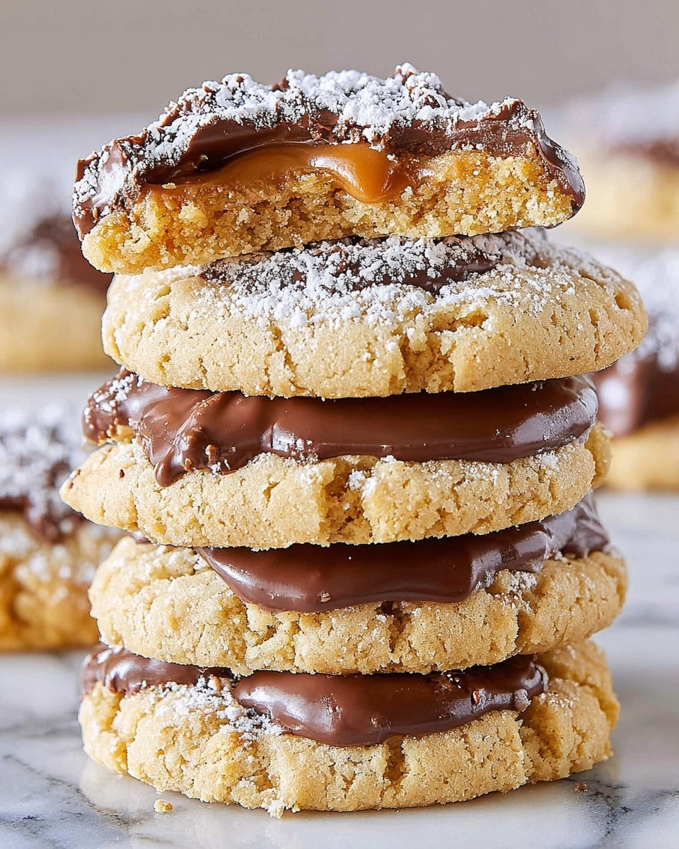 A stack of four crumbly, golden-brown cookies dusted with powdered sugar sits on a white marbled surface. Each cookie is layered with a glossy, smooth milk chocolate topping, with the top cookie broken in half revealing a soft, chewy inside that contrasts with the firm chocolate layer. The stack shows the texture of the cookies clearly, with a rough, grainy surface, cracks, and crumbs around the edges, and the thick chocolate melting slightly over the sides. photo taken with an iphone --ar 4:5 --v 7
