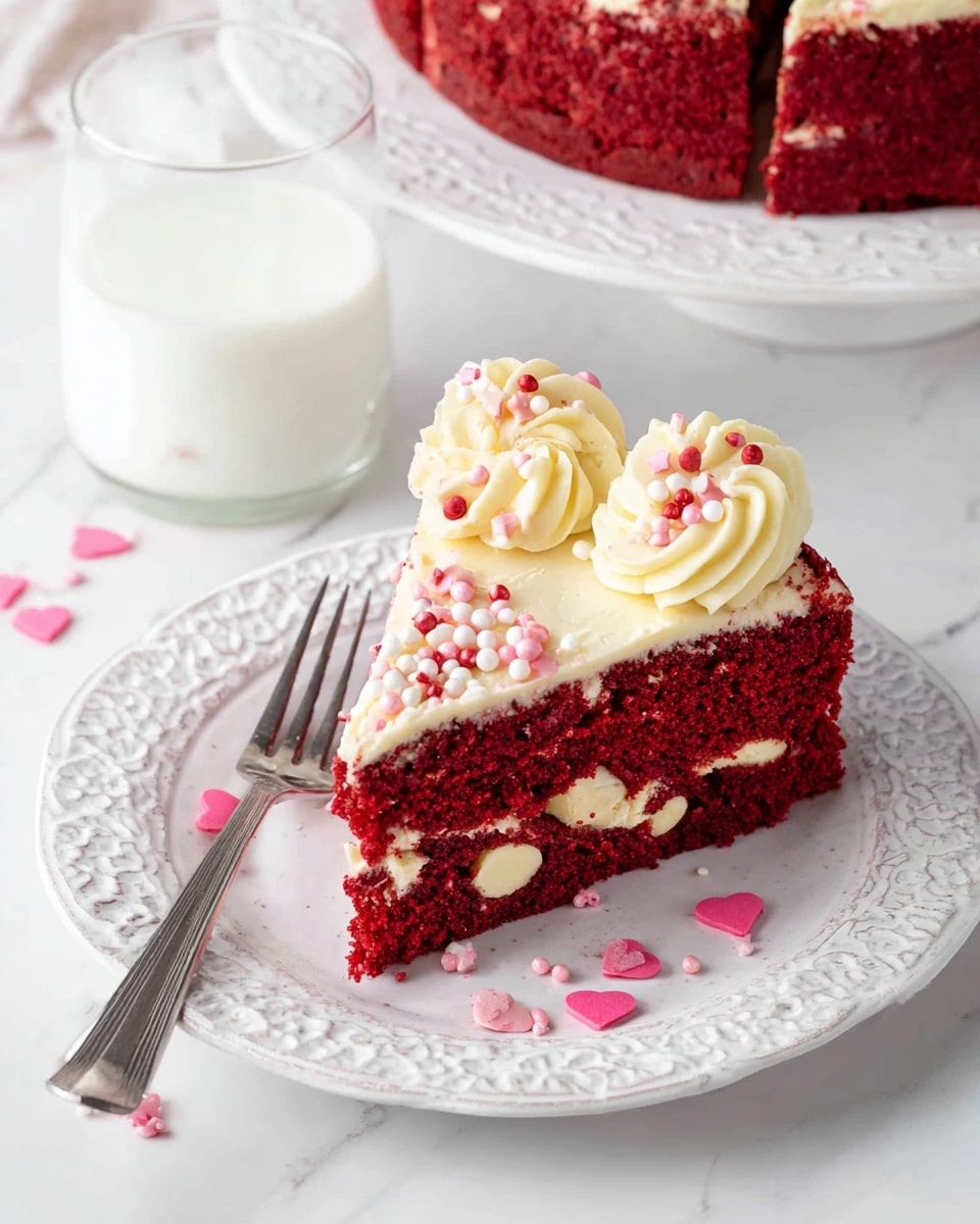 A slice of red velvet cake rests on a white, delicately patterned plate, showing its rich red color and studded with white chocolate chips inside. On top, there are two swirls of creamy off-white frosting, decorated with small pink and white round sprinkles and pink heart-shaped sprinkles scattered on the plate. A silver fork lies to the left of the slice. In the background, part of the whole cake with the same frosting decoration is visible on a white plate, along with a clear glass of white milk. All sits on a white marbled surface. photo taken with an iphone --ar 4:5 --v 7