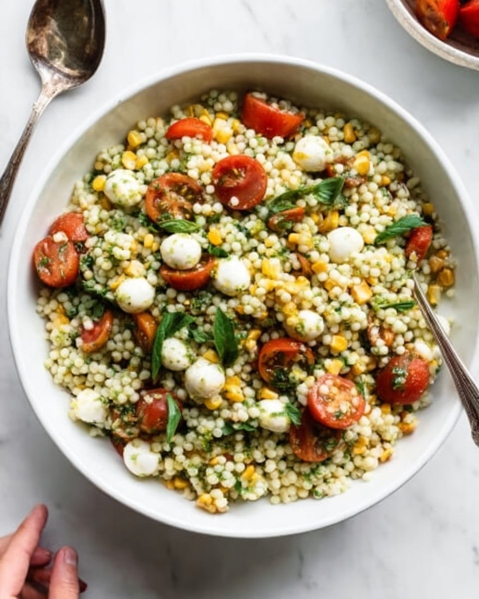 A white bowl filled with a colorful salad featuring three main layers: the base layer is small, round couscous grains that are cream-colored; the middle layer includes bright yellow corn kernels mixed evenly throughout; the top layer is scattered with halved red tomatoes, green leafy herbs, and small white mozzarella balls, adding pops of color and texture. The bowl sits on a white marbled surface with a silver spoon beside it and a woman's hand slightly touching the edge of the bowl. Photo taken with an iphone --ar 4:5 --v 7