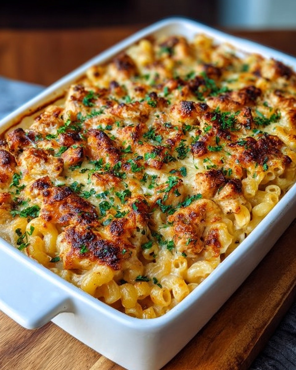 A rectangular white baking dish filled with one layer of golden macaroni pasta coated in creamy melted cheese. On top, there is a thick layer of browned, crispy baked cheese mixed with small chunks of seasoned chicken, giving a textured appearance with some dark golden spots from roasting. The dish is finished with a sprinkle of fresh green chopped herbs scattered evenly over the top. The white baking dish sits on a wooden surface with a blurred background. photo taken with an iphone --ar 4:5 --v 7