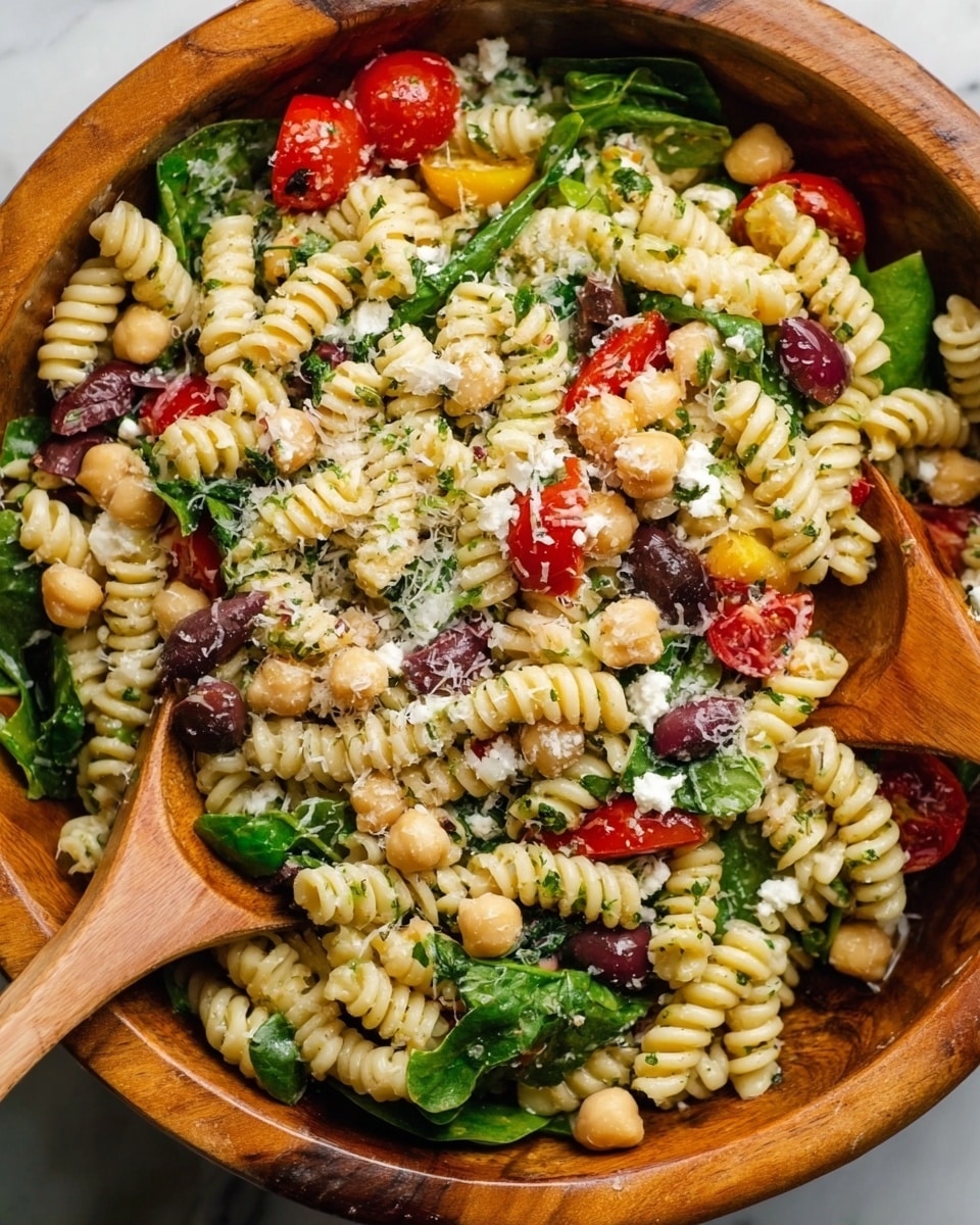 A bright, fresh pasta salad sits in a wooden bowl on a white marbled surface, filled with three layers of tightly curled, pale yellow rotini pasta mixed evenly with deep green spinach leaves and small, round, red cherry tomato halves. Scattered throughout are firm, cream-colored chickpeas, dark purple Kalamata olives, and chunks of pale white cheese. The salad is speckled with green herbs and a light dusting of grated white cheese, giving a textured top layer. Two wooden spoons are partially inserted on opposite sides, ready to serve. Photo taken with an iphone --ar 4:5 --v 7