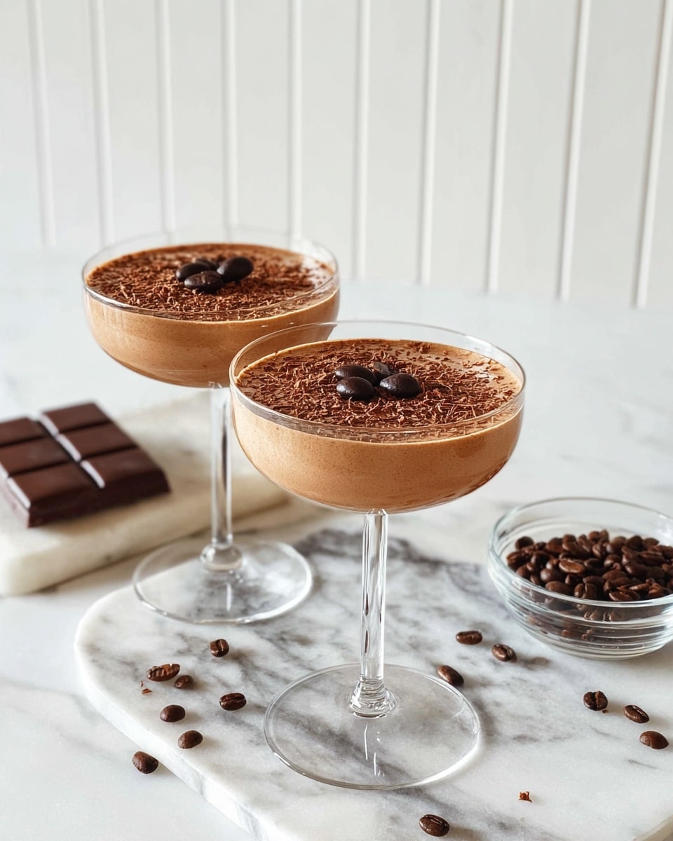 Two clear glass coupe glasses each hold one layer of smooth, light brown coffee mousse, topped with finely grated dark chocolate and three dark brown coffee beans placed at the center. The glasses stand on a white marbled surface scattered lightly with dark brown coffee beans on the right side and a small clear bowl filled with dark square-shaped pieces of chocolate on the left. A white paneled wall background complements the scene. photo taken with an iphone --ar 4:5 --v 7
