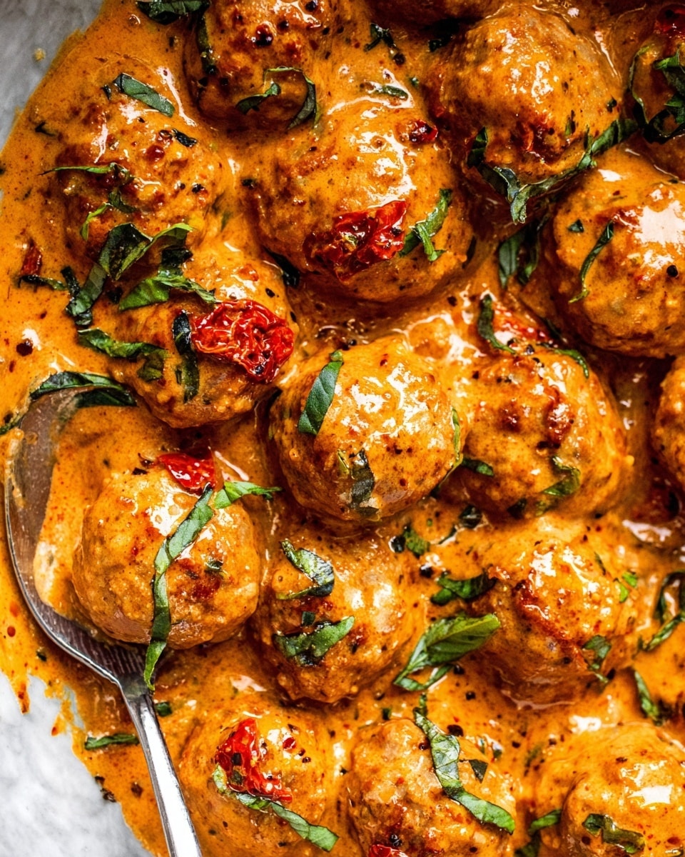 A close-up view shows round meatballs covered in a thick, creamy orange sauce with visible herbs and spices speckled on top. Sun-dried tomato pieces add deep red color among the meatballs, while fresh green basil leaves and smaller herb bits are scattered across the dish, adding freshness and contrast. The sauce looks rich and smooth, coating each meatball evenly with a slightly glossy texture. A shiny silver spoon is partially visible among the meatballs, resting against a white marbled surface that surrounds the dish. Photo taken with an iphone --ar 4:5 --v 7