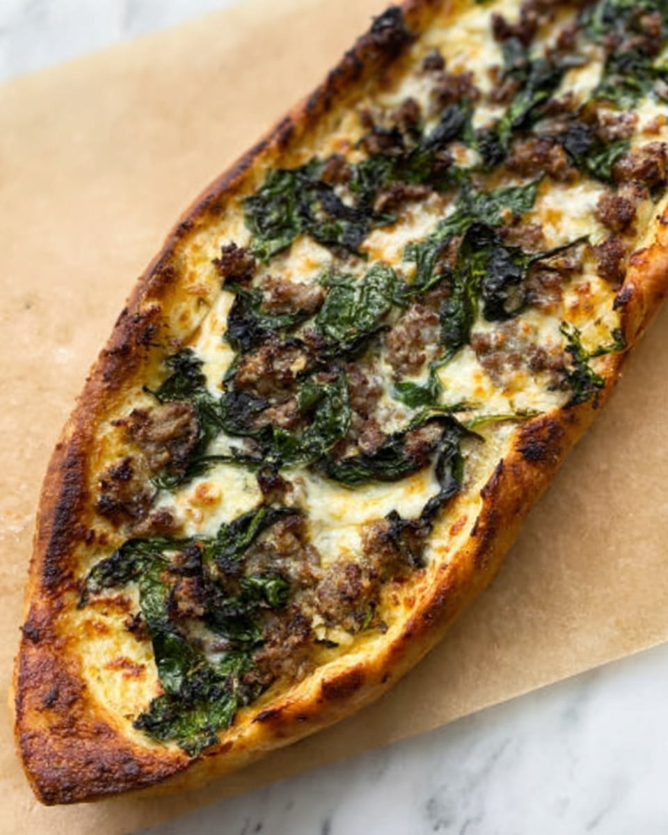 The image shows a boat-shaped pita bread filled with layers of toppings. The first layer is a golden brown, slightly crispy crust with some darker toasted spots. On top of the crust, there is a layer of melted cheese that is creamy white with patches of light brown from baking. Scattered unevenly across the cheese are sliced black olives, which are shiny and dark, and pieces of cooked ground meat that are brown with a crumbly texture. There are also small bits of a lighter-colored ingredient, possibly cheese or sauce, adding contrast. The bread is placed on a light brown parchment paper over a white marbled textured surface, and the bottom corner of the bread is thicker and rounded. photo taken with an iphone --ar 4:5 --v 7