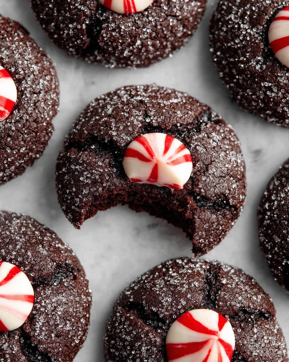 The image shows several dark chocolate cookies with a rough, slightly cracked texture, covered in a light dusting of sugar crystals that sparkle on their surface. Each cookie has a single peppermint candy piece in the center, shaped like a small round dollop with white and red stripes swirling vertically. One cookie in the middle has a bite taken out of it, revealing a moist, dense interior. The cookies are placed on a flat surface with a white marbled texture. photo taken with an iphone --ar 4:5 --v 7