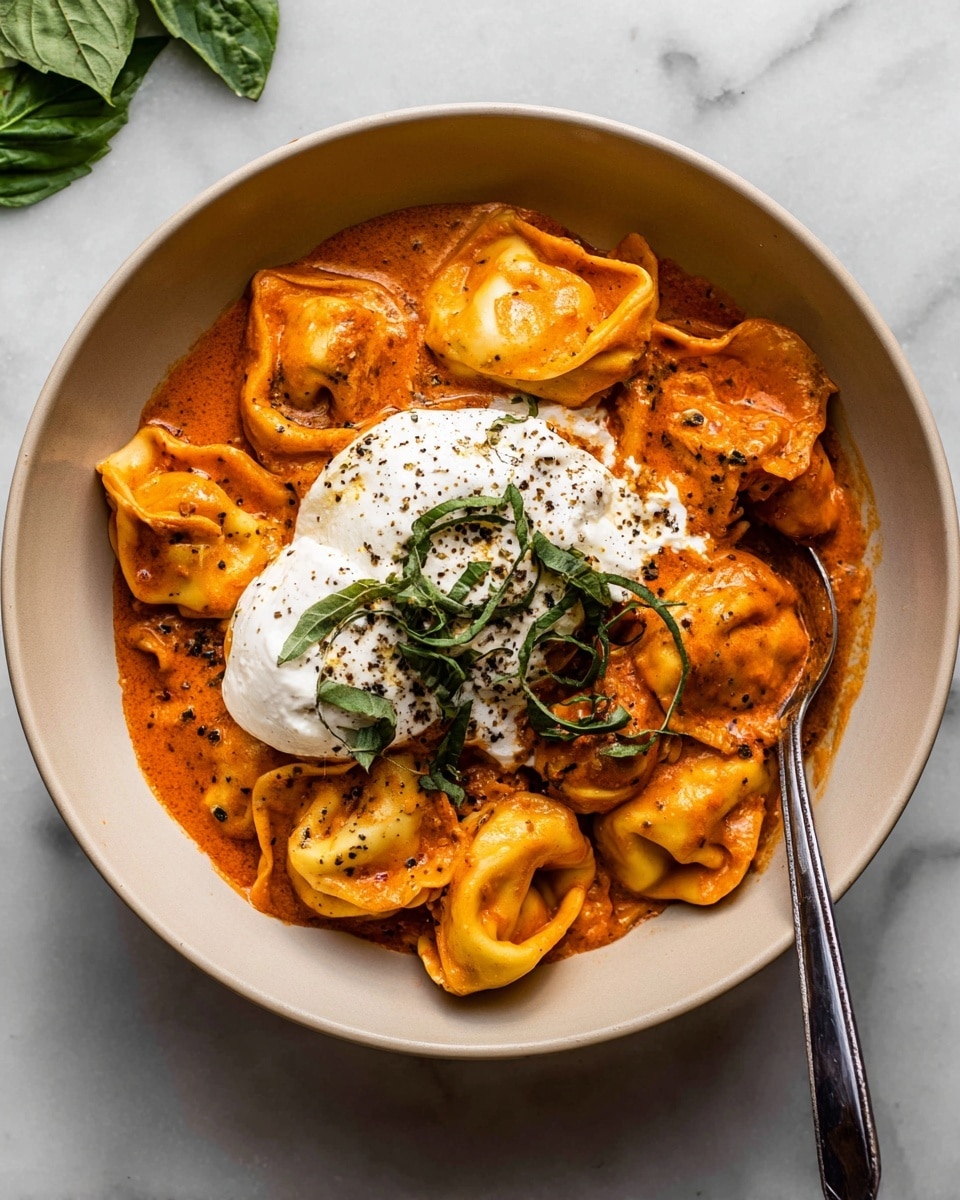 A large white bowl holds about three layers of tortellini pasta coated in a creamy orange-red sauce, with lightly browned edges adding texture. On top, there is a large dollop of soft white cheese, sprinkled with black pepper, and a small pile of thinly sliced fresh green basil leaves. A silver spoon is placed inside the bowl on the right side, slightly submerged in the sauce. The bowl is set on a white marbled surface, and a few green basil leaves are visible near the top edge outside the bowl. photo taken with an iphone --ar 4:5 --v 7