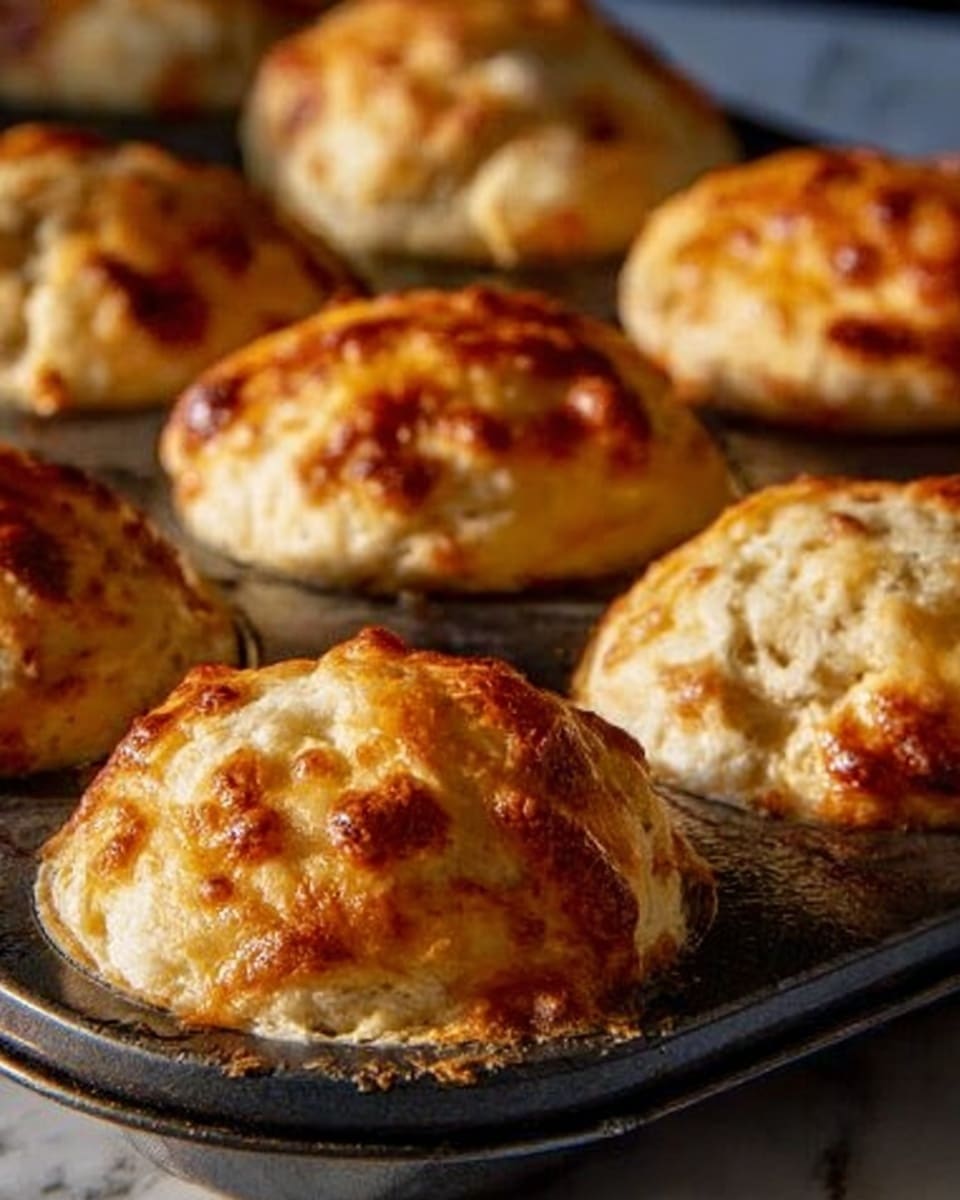 A close-up view of a muffin tray filled with baked muffins that have a golden-brown top with some melted cheese or crispy crust on each muffin's surface. The muffins are light beige and fluffy-looking, with some darker spots where the cheese has browned. The muffin tray has visible baking overflow where some cheese or batter has spilled and cooked around the edges. The background surface is a white marbled texture, slightly blurred to keep focus on the warm muffins. Photo taken with an iphone --ar 4:5 --v 7