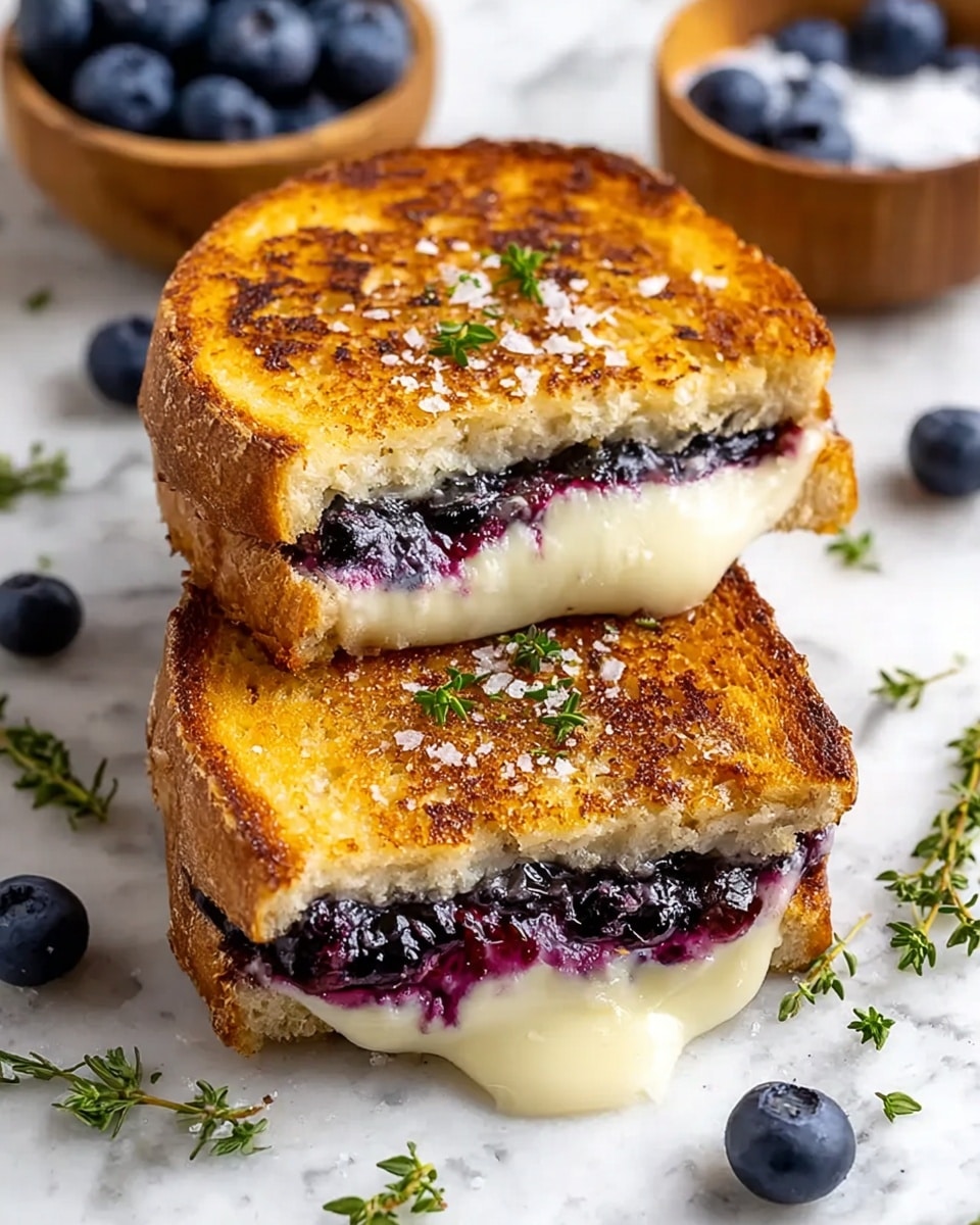 Two halves of a grilled sandwich sit on a white marbled surface, each piece showing golden brown toasted bread with a slightly crispy texture. Inside the sandwich, a thick layer of melted creamy white cheese blends with a dark purple layer of blueberries or blueberry jam, visible at the cut edges. Coarse salt crystals and small green thyme leaves are sprinkled on top of the sandwich, adding texture and color contrast. Around the sandwich, fresh blueberries and thyme sprigs are scattered, with small wooden bowls of blueberries and salt also partially in view. Photo taken with an iphone --ar 4:5 --v 7