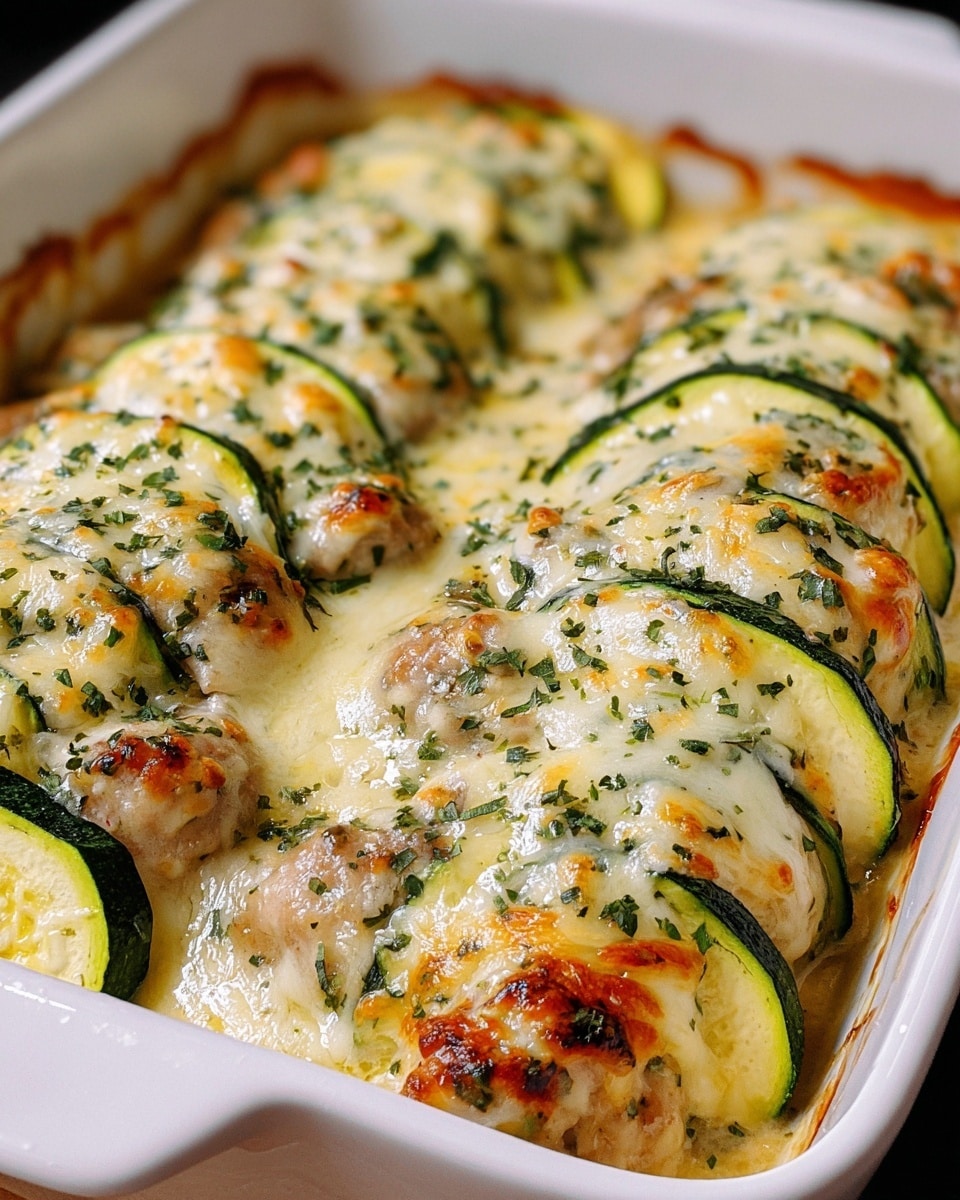 The image shows a white rectangular baking dish filled with a layered zucchini casserole. The base layer is a creamy mixture with a light brown and slightly chunky texture. On top of that is a neat row of thick, green zucchini slices, each slice partially covered with a layer of melted, golden-brown cheese that looks bubbly and creamy, with bits of herbs sprinkled over the cheese for a hint of green and texture contrast. The casserole appears rich, with the cheese slightly browned in spots, creating a warm, inviting look. The white marbled surface underneath the dish adds a clean and bright background. Photo taken with an iphone --ar 4:5 --v 7