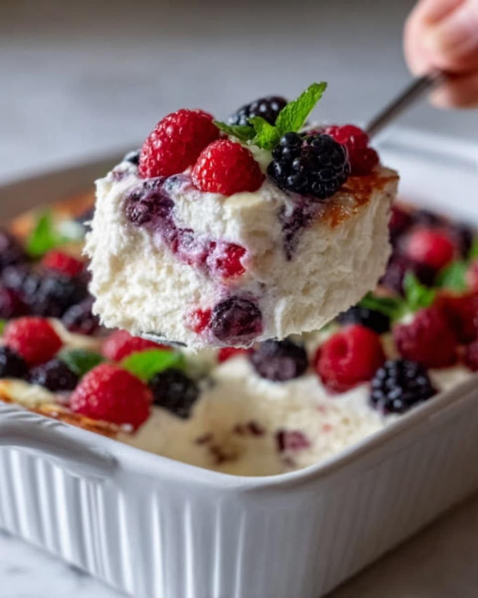 A close-up dish shows a white rectangular dish filled with a layered dessert. The bottom layer is creamy white with a soft and smooth texture. On top, there are mixed berries like blackberries, raspberries, and small green mint leaves scattered, adding deep purple, bright red, and fresh green colors. A woman's hand is holding a spoon lifting a piece that shows the fluffy, creamy inside with bits of berries spread throughout. The background is a white marbled surface. Photo taken with an iphone --ar 4:5 --v 7