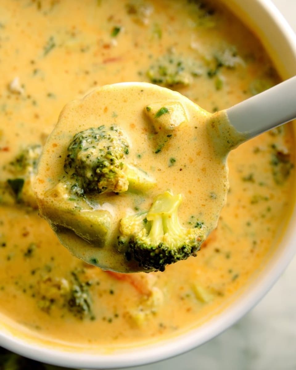 A close-up view of a creamy soup served in a white bowl, showing a thick, golden-yellow broth rich with small green broccoli florets and chunks of tender vegetables. The soup has a smooth texture dotted with herbs and spices, and a white spoon scoops the mix, lifting it above the bowl to reveal the blend of ingredients. The background surface is a white marbled texture, highlighting the warm, comforting color of the soup. photo taken with an iphone --ar 4:5 --v 7