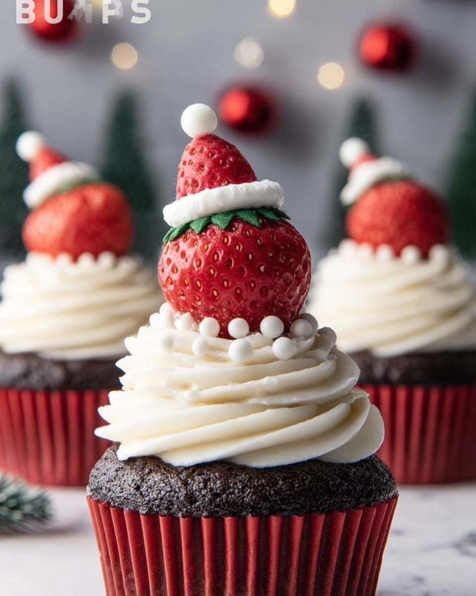 The image shows a close-up of a dark chocolate cupcake in a red paper liner, topped with a thick layer of smooth white cream swirled in soft peaks. Around the base of a large strawberry placed on top, there is a circle of small white cream dots. The strawberry is bright red with visible seeds and has a small ball of white cream on its tip, resembling a Santa hat. The cupcakes are set on a white marbled surface with blurred festive decorations in the background. photo taken with an iphone --ar 4:5 --v 7